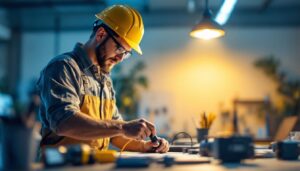 A photograph of a lighting contractor using the 120 plug in a well-lit workspace