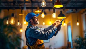 A photograph of a skilled lighting contractor in action