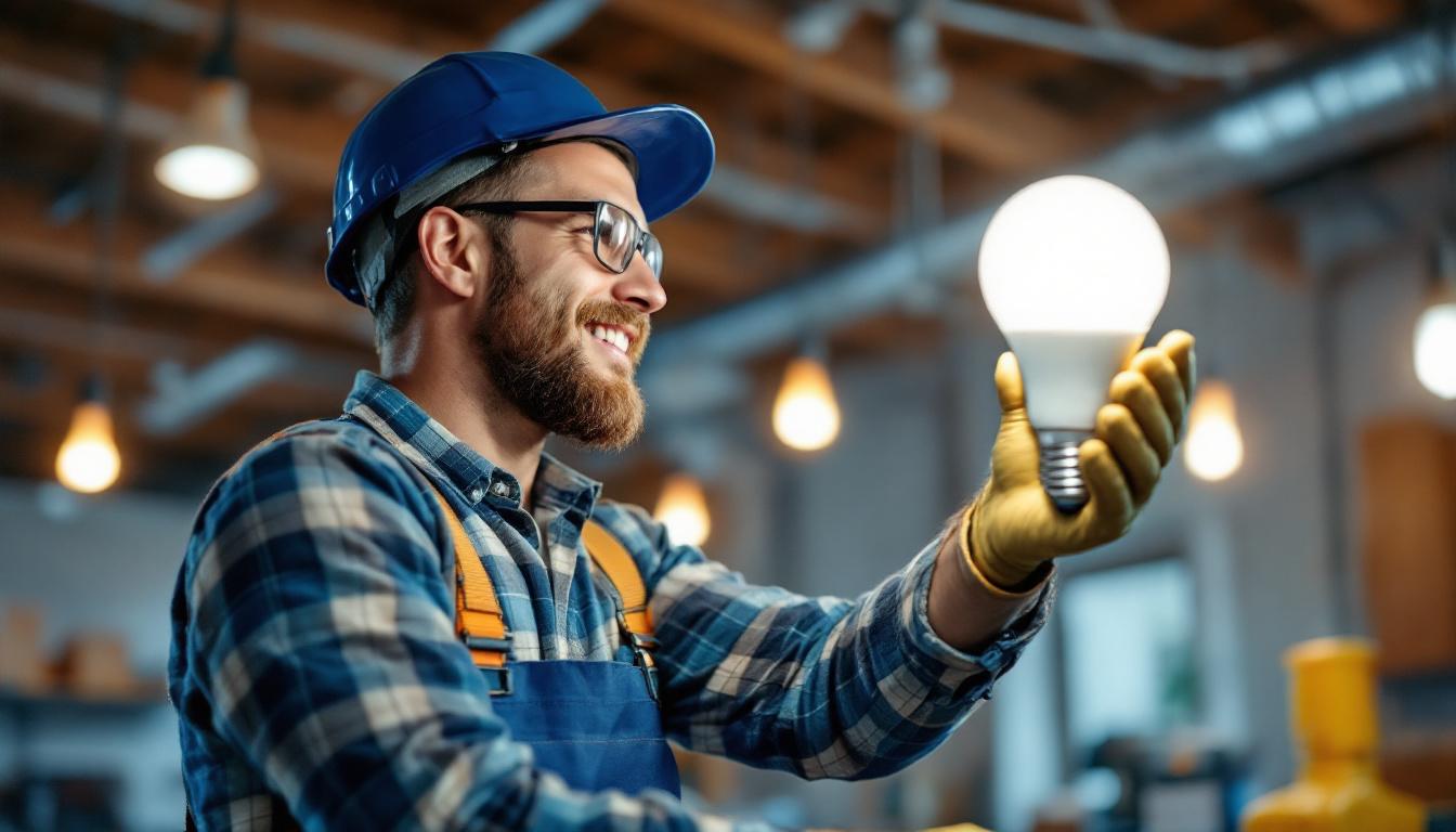 A photograph of a lighting contractor installing or showcasing 4-foot replacement led bulbs in a commercial or residential setting