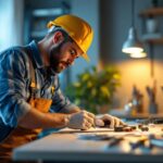 A photograph of a skilled lighting contractor at work