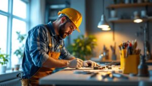 A photograph of a skilled lighting contractor at work