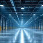 A photograph of a well-lit industrial or commercial space showcasing low bay lighting fixtures in action