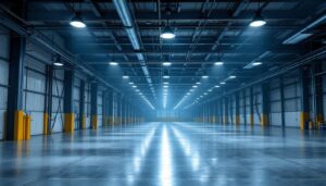 A photograph of a well-lit industrial or commercial space showcasing low bay lighting fixtures in action