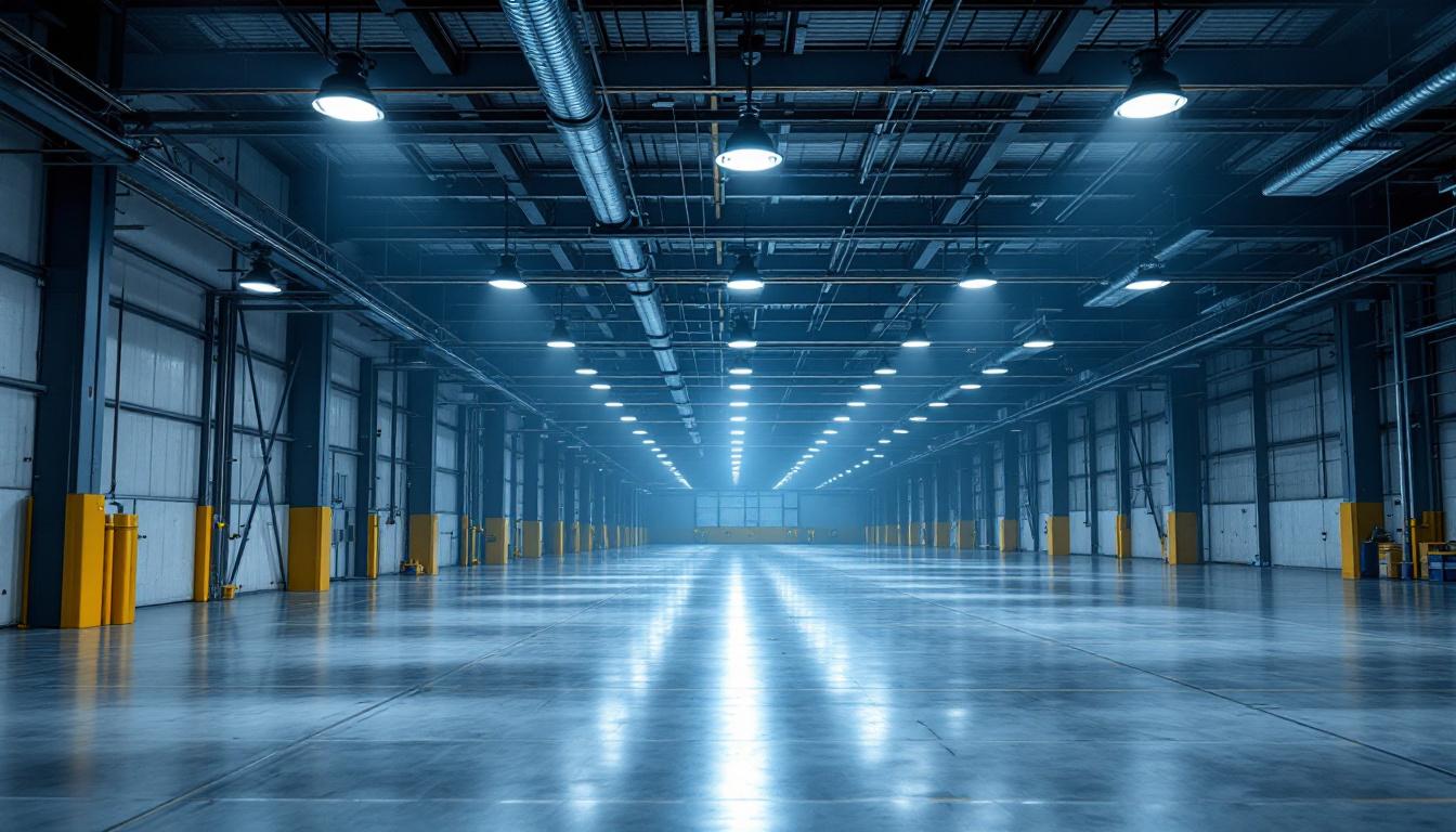 A photograph of a well-lit industrial or commercial space showcasing low bay lighting fixtures in action