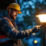 A photograph of a lighting contractor installing or inspecting a bright solar lamp in an outdoor setting