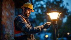 A photograph of a lighting contractor installing or inspecting a bright solar lamp in an outdoor setting