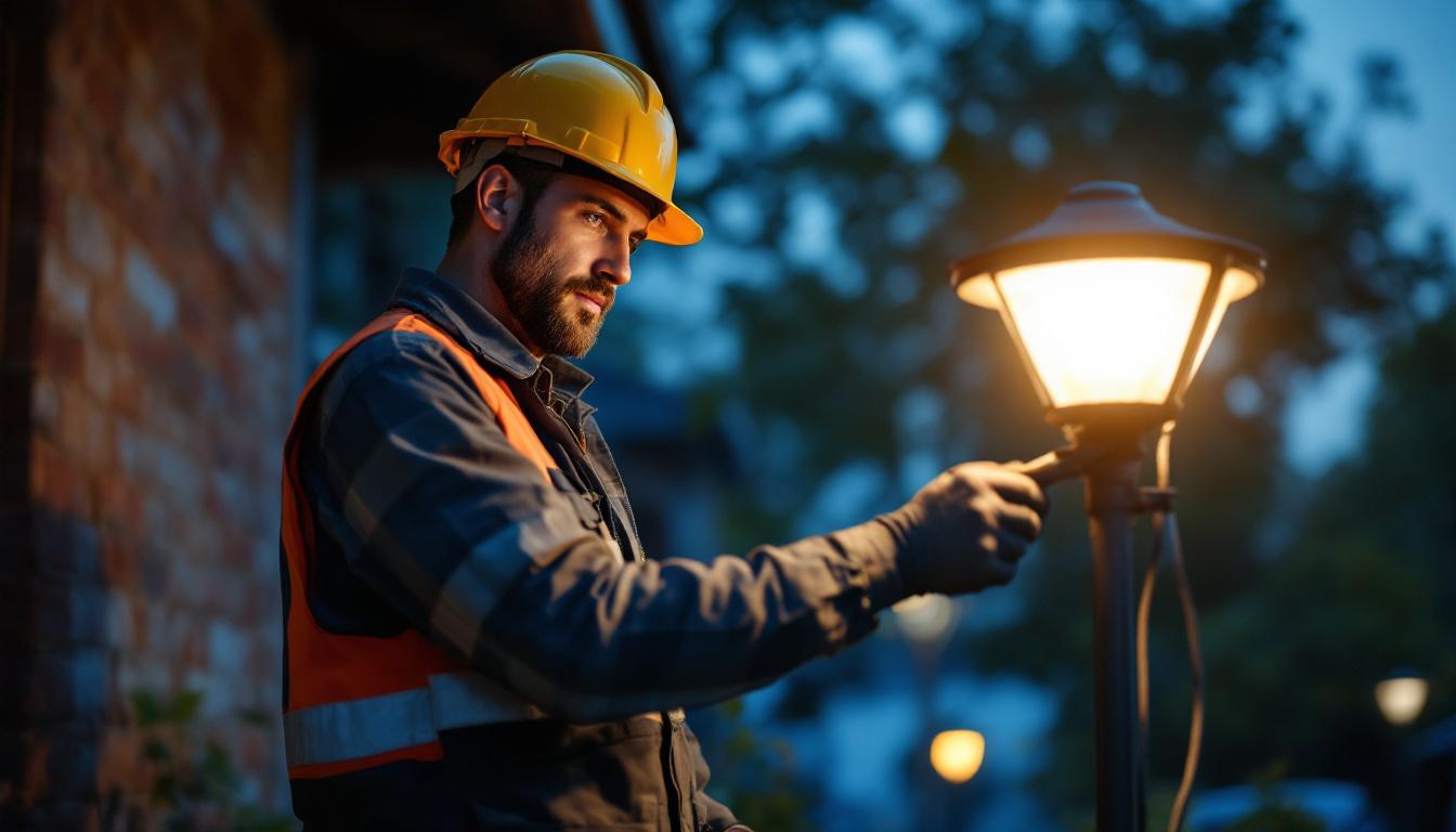 A photograph of a lighting contractor installing or inspecting a bright solar lamp in an outdoor setting