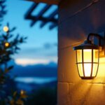 A photograph of a beautifully designed solar-powered wall lantern illuminating an outdoor space at dusk