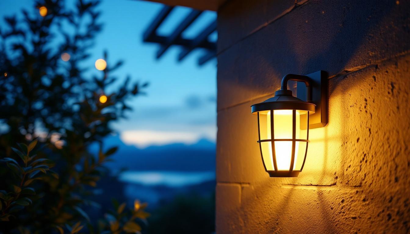 A photograph of a beautifully designed solar-powered wall lantern illuminating an outdoor space at dusk