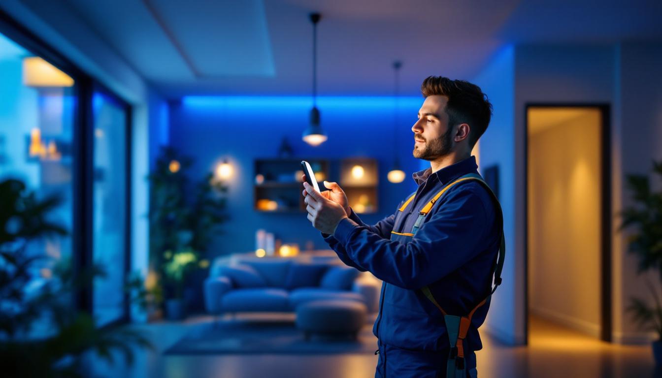 A photograph of a skilled contractor installing smart lighting in a modern home setting