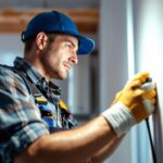 A photograph of a lighting contractor at work