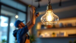 A photograph of a beautifully designed hanging light fixture suspended from a stylish chain in a modern interior setting