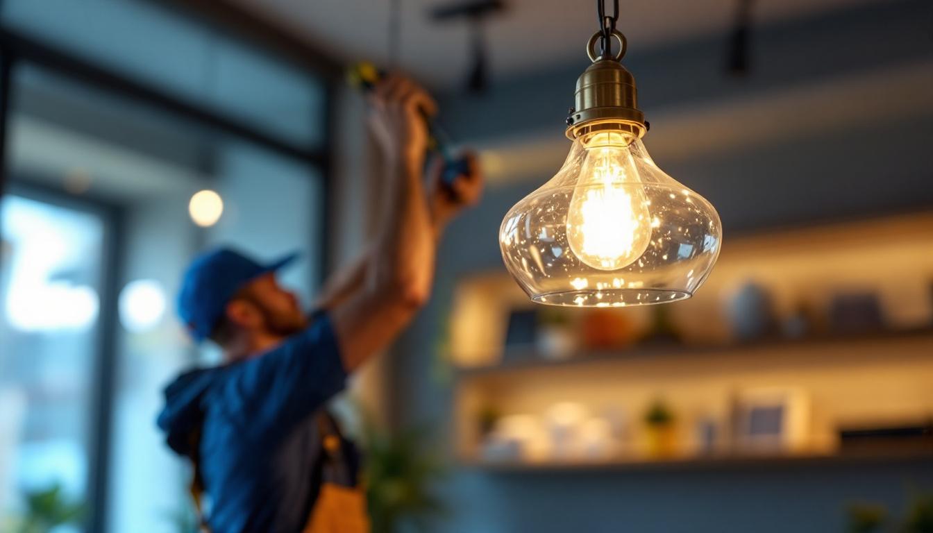 A photograph of a beautifully designed hanging light fixture suspended from a stylish chain in a modern interior setting