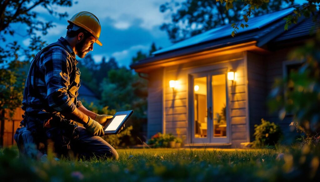 A photograph of a lighting contractor installing solar panel flood lights in a residential outdoor setting during dusk