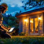 A photograph of a lighting contractor installing solar panel flood lights in a residential outdoor setting during dusk