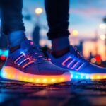 A photograph of a pair of illuminated led shoes in a dynamic urban setting at dusk