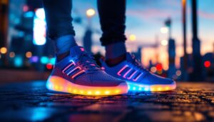 A photograph of a pair of illuminated led shoes in a dynamic urban setting at dusk