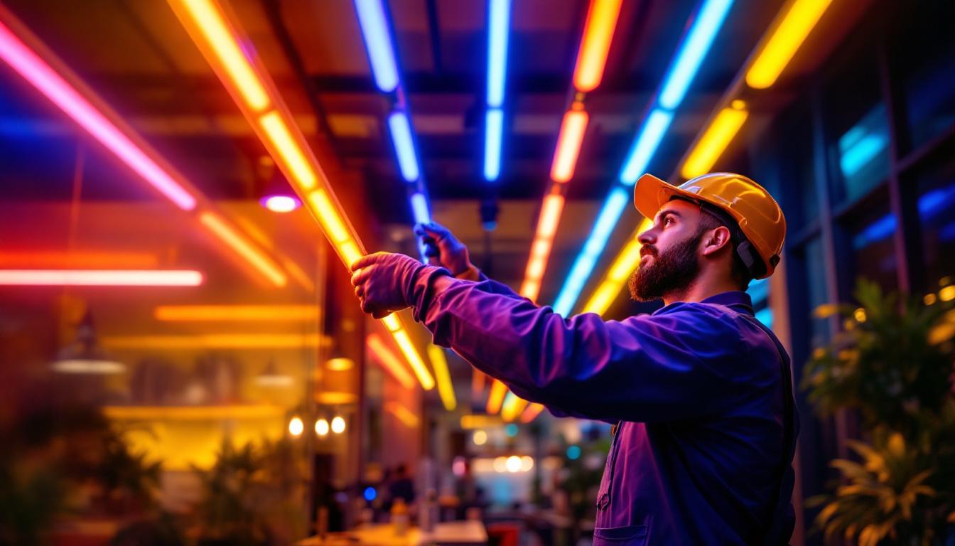 A photograph of a lighting contractor installing vibrant color led tube lights in a modern commercial space