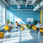 A photograph of a modern office space featuring a variety of lighting solutions