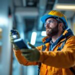 A photograph of a lighting contractor installing sensor hall lights in a commercial space