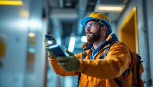 A photograph of a lighting contractor installing sensor hall lights in a commercial space