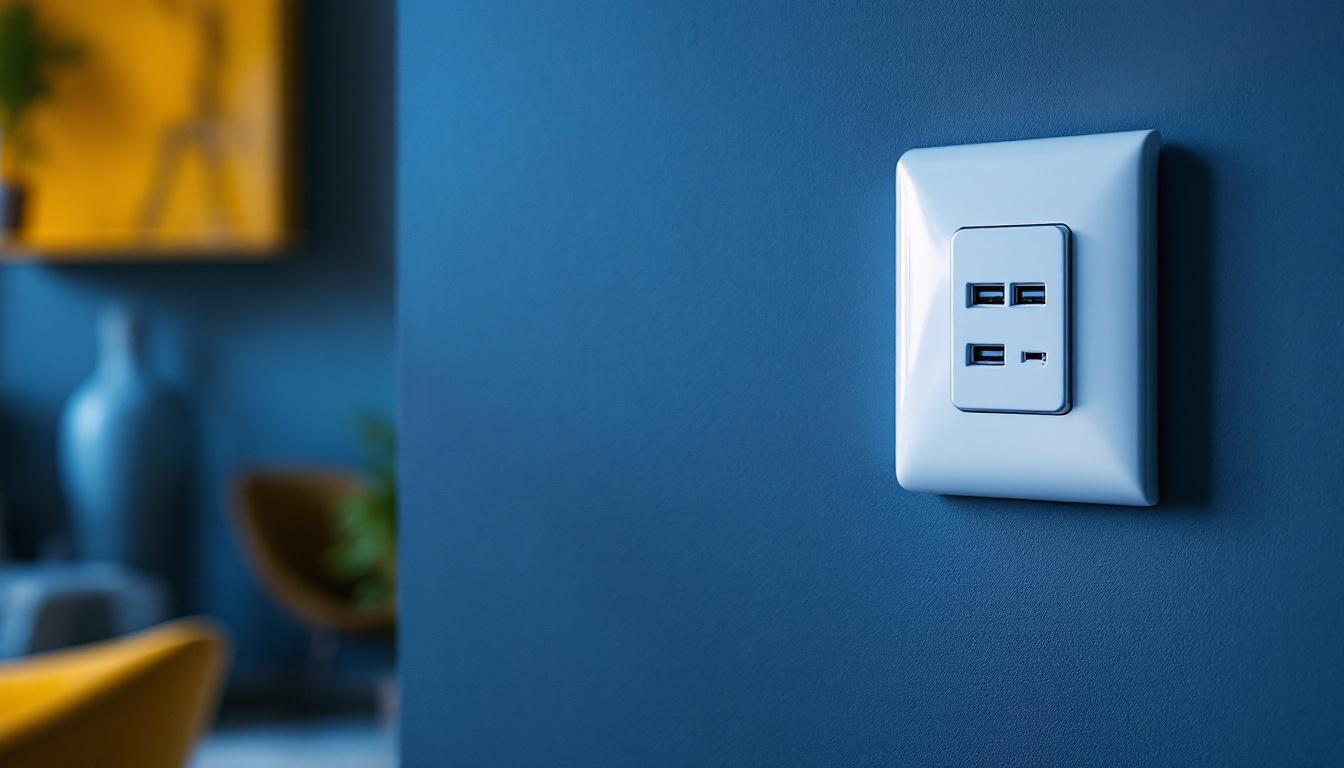 A photograph of a modern wall receptacle featuring usb ports installed in a stylish interior setting