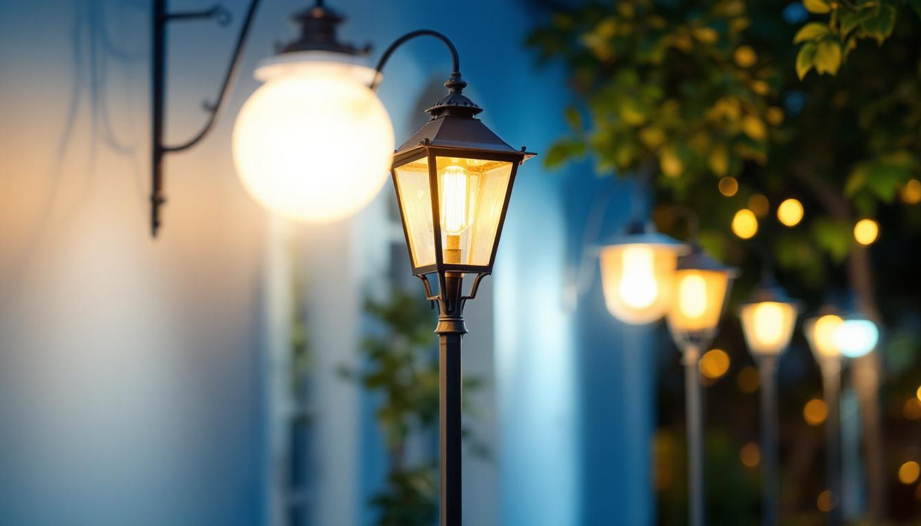 A photograph of a beautifully illuminated outdoor space showcasing a variety of stylish outdoor lights in use