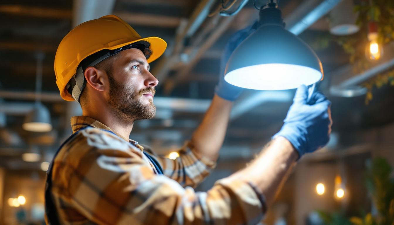 A photograph of a skilled lighting contractor expertly installing or adjusting modern lighting fixtures in a dynamic commercial space