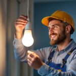 A photograph of a lighting contractor expertly installing a plug-in led light bulb in a modern home setting