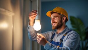 A photograph of a lighting contractor expertly installing a plug-in led light bulb in a modern home setting