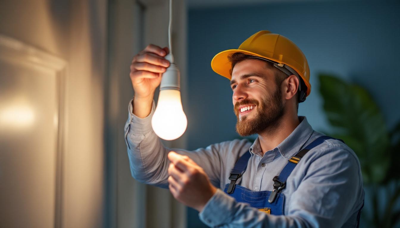 A photograph of a lighting contractor expertly installing a plug-in led light bulb in a modern home setting