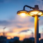 A photograph of a modern street lamp with an energy-efficient led cover illuminated at dusk
