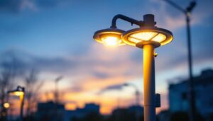 A photograph of a modern street lamp with an energy-efficient led cover illuminated at dusk