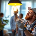 A photograph of a lighting contractor expertly installing or adjusting a 60w type b bulb in a modern residential setting