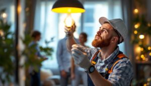 A photograph of a lighting contractor expertly installing or adjusting a 60w type b bulb in a modern residential setting