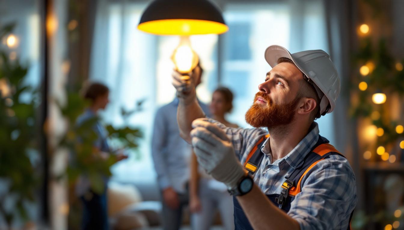A photograph of a lighting contractor expertly installing or adjusting a 60w type b bulb in a modern residential setting