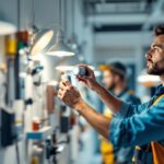 A photograph of a lighting contractor expertly installing a commercial light timer in a modern office setting