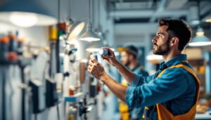 A photograph of a lighting contractor expertly installing a commercial light timer in a modern office setting