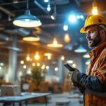 A photograph of a well-lit construction site or a lighting showroom