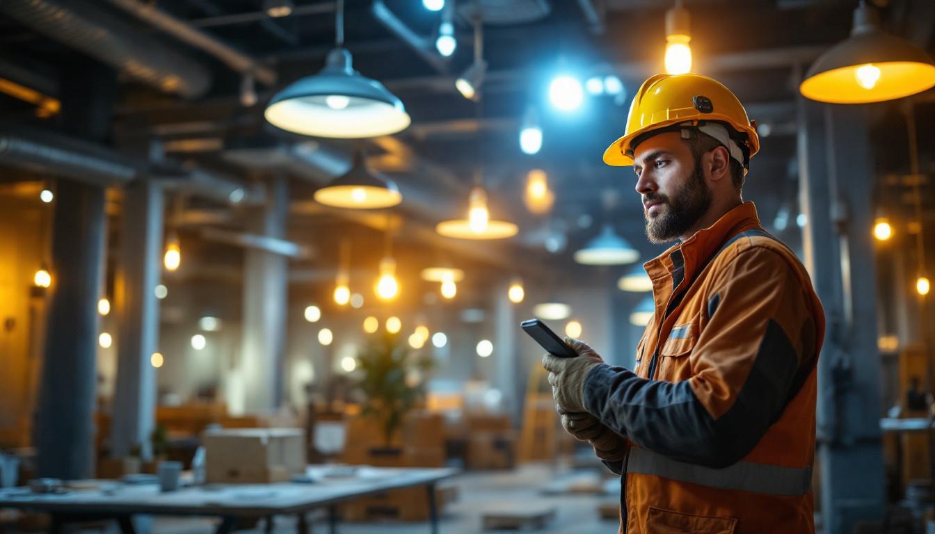 A photograph of a well-lit construction site or a lighting showroom