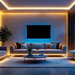 A photograph of a beautifully arranged display of soft white led tape lights illuminating a modern living space