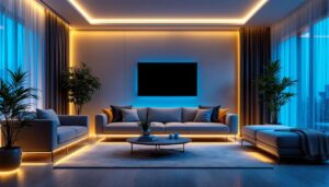 A photograph of a beautifully arranged display of soft white led tape lights illuminating a modern living space