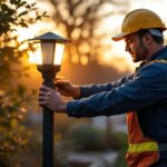 A photograph of a skilled lighting contractor installing or adjusting smart post lights in an outdoor setting