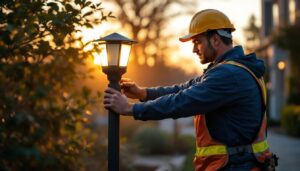 A photograph of a skilled lighting contractor installing or adjusting smart post lights in an outdoor setting