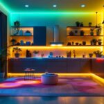 A photograph of a vibrant scene showcasing an array of multi-color led tape lighting installed in a stylish interior space