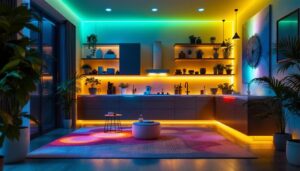 A photograph of a vibrant scene showcasing an array of multi-color led tape lighting installed in a stylish interior space
