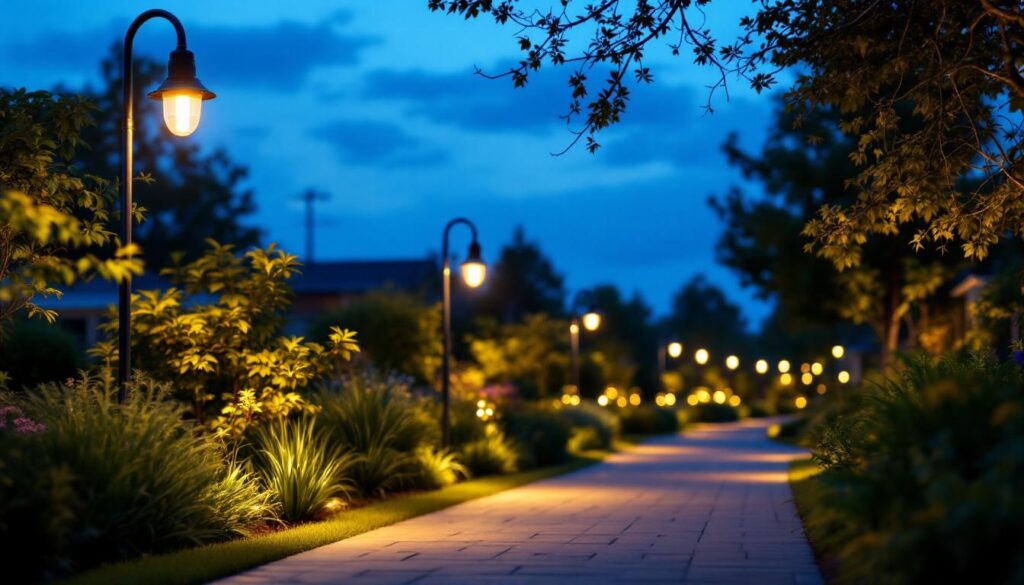 A photograph of a well-lit outdoor scene at dusk