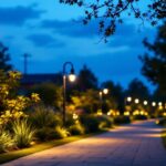 A photograph of a well-lit outdoor scene at dusk