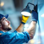 A photograph of a lighting contractor expertly installing or adjusting a modern light fixture on a commercial sign