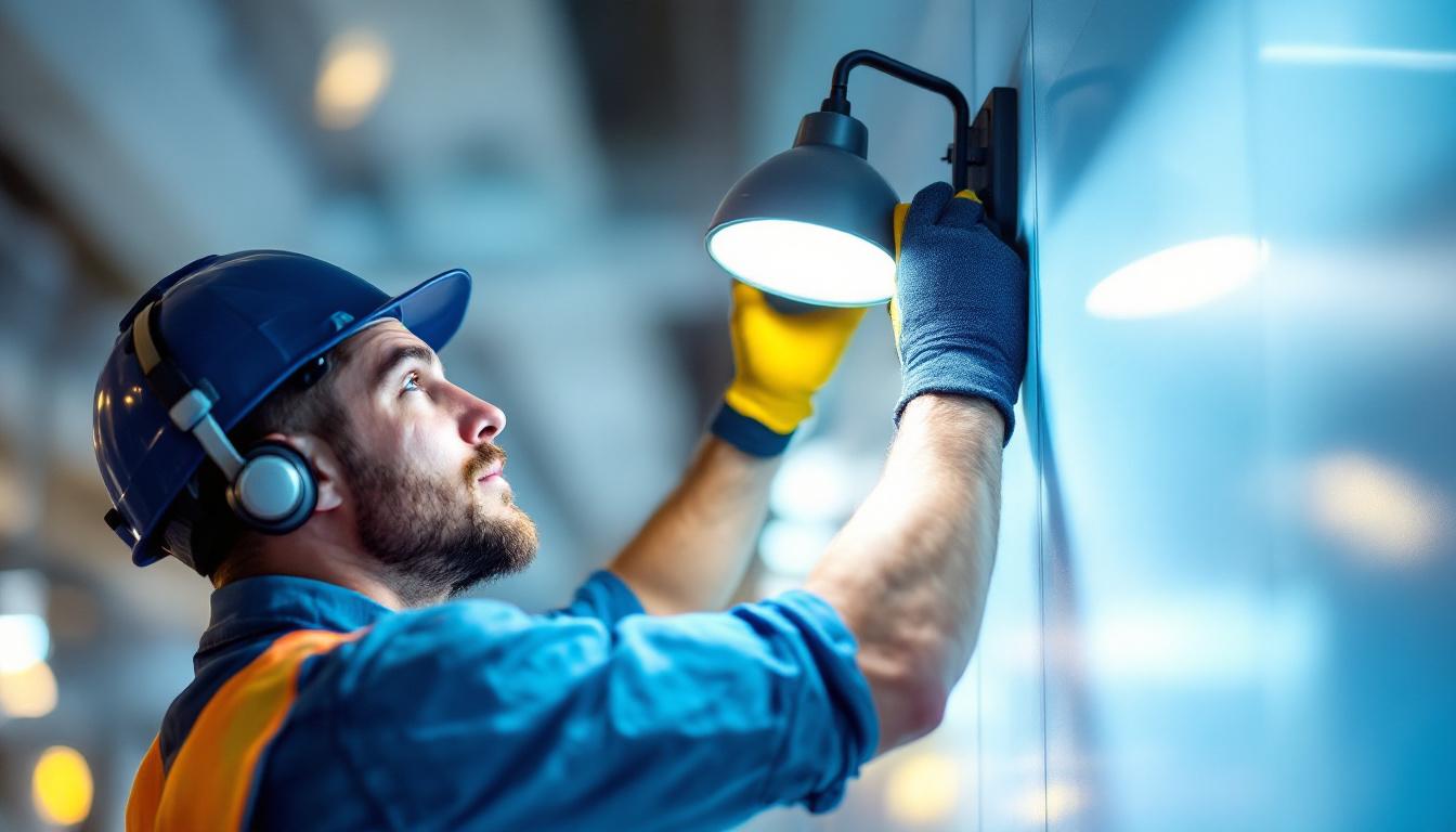 A photograph of a lighting contractor expertly installing or adjusting a modern light fixture on a commercial sign